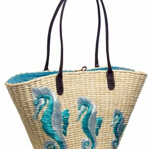 Limited Edition J. Crew Straw Tote with Seahorse Design - Blue and Cream